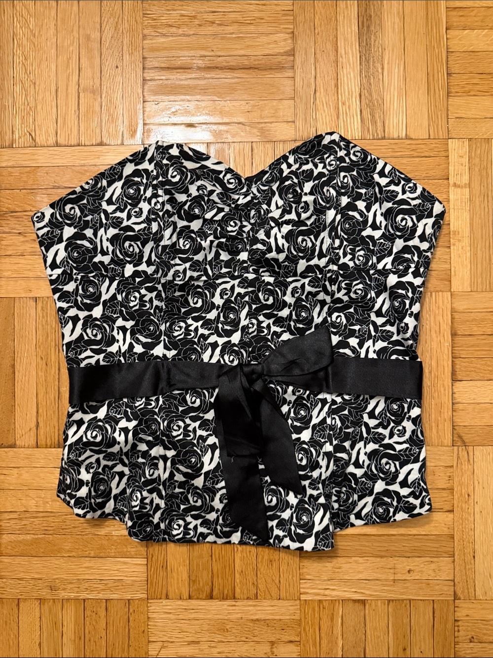 Black & White Floral Strapless Corset Top with Waist Tie